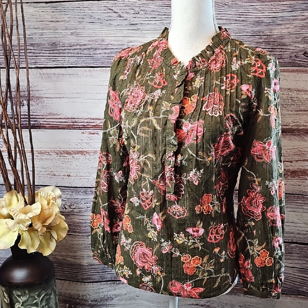 TALBOTS PETITE BROWN FLORAL METALIC LONG SLEEVE PULLOVER BLOUSE